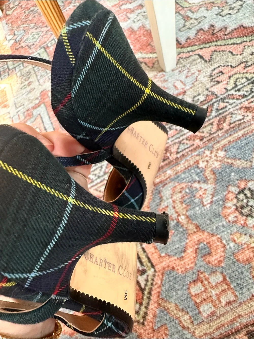 Charter Club Tartan Plaid Jeweled Bow Slingback Kitten Heels Pumps 9M